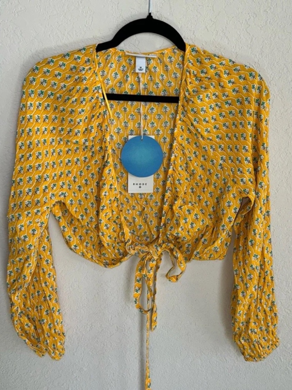 NWT RHODE Women's Dainty Lotus Print Wrap Top Yellow Turquoise Size Med